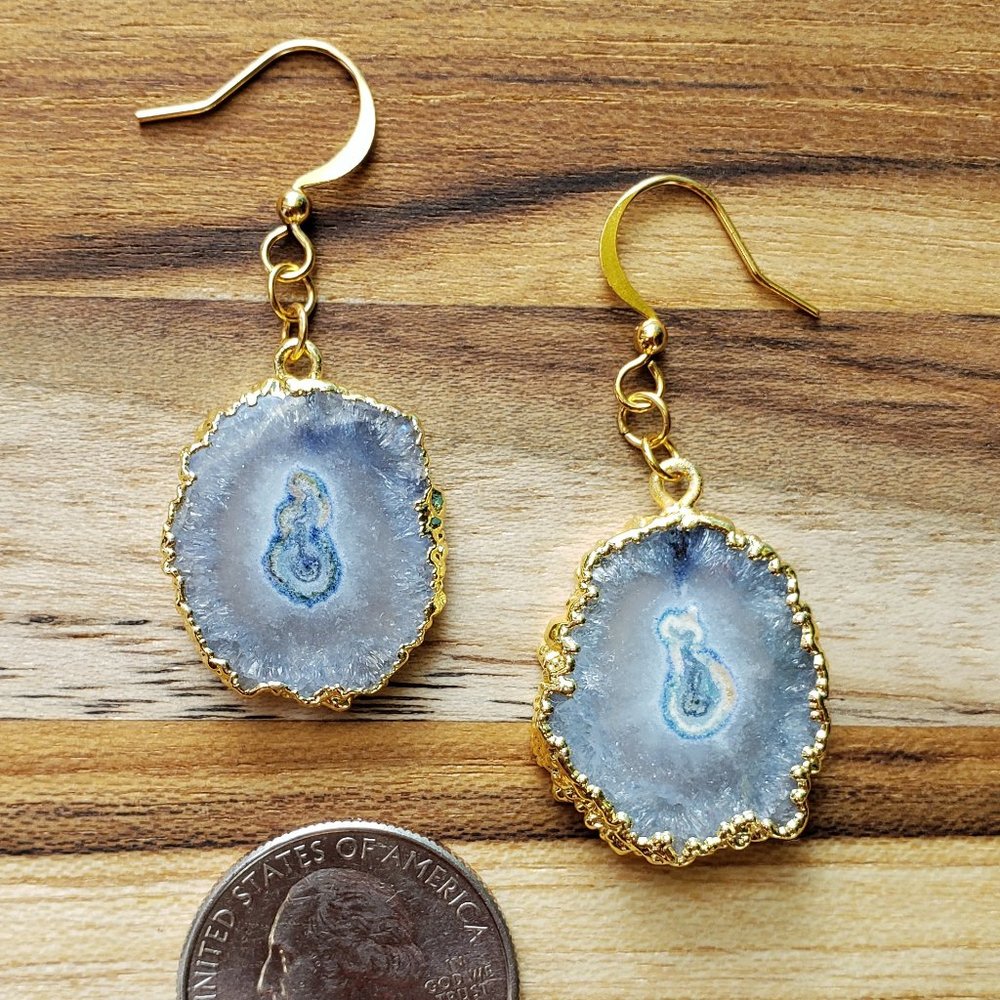 Icy Blue Electroformed Solar Quartz Earrings w/ Genuine Gold Plated Ear Wires